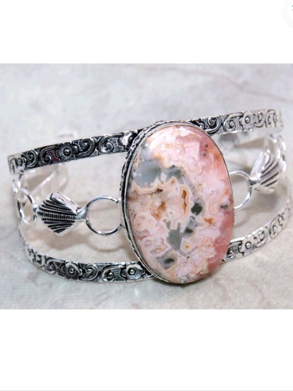 Rhodochrosite Gemstone 925 Sterling Silver Handmade Adjustable Cuff Bracelet